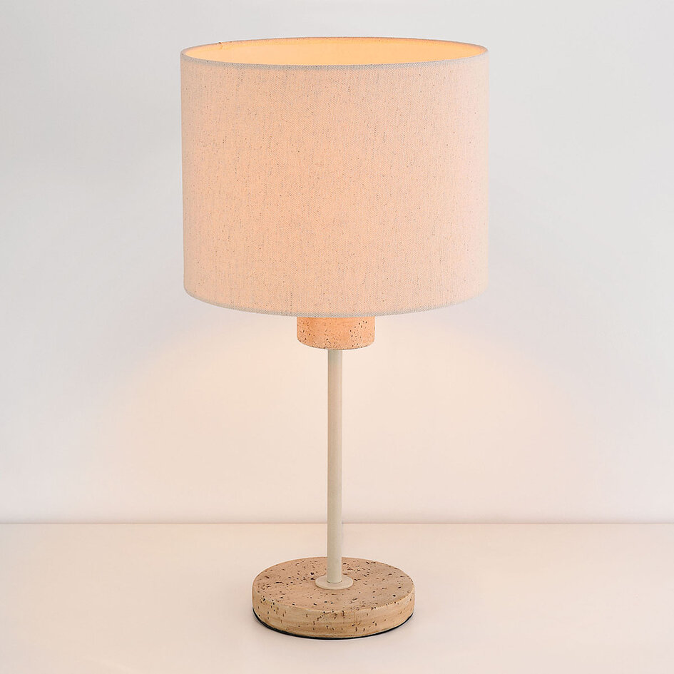 Tafellamp Aurea beige met linnen kap en travertin effect