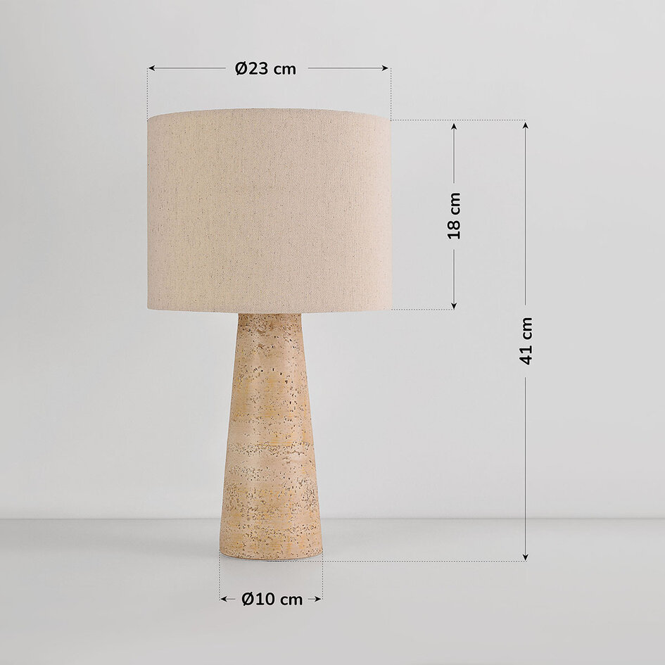 Tafellamp Verla met linnen kap en voet in travertin look