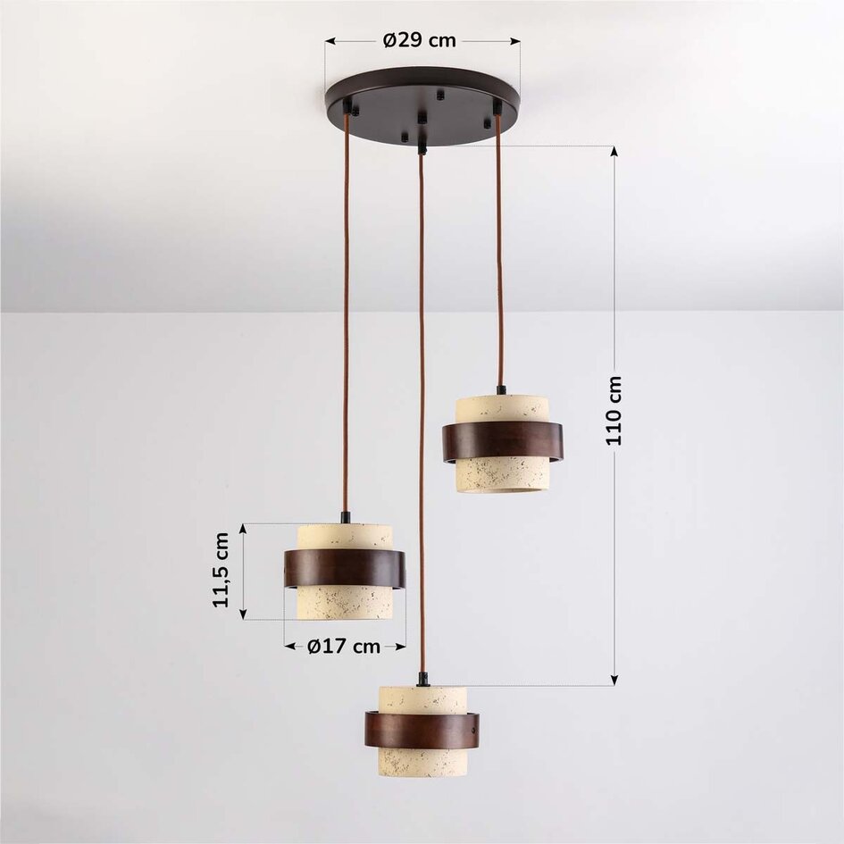 Ronde hanglamp Mavero van cement en hout, 3-lichts