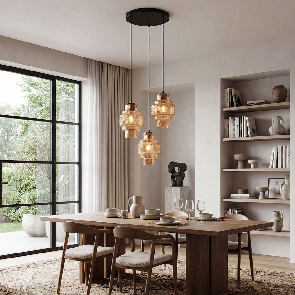 3-lichts design hanglamp met amber glas - Orina
