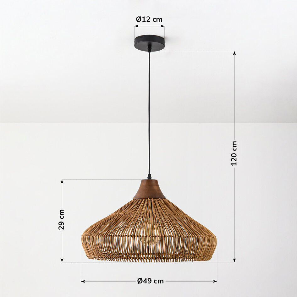Hanglamp Suki van handgevlochten rotan met houten detail Ø49 cm