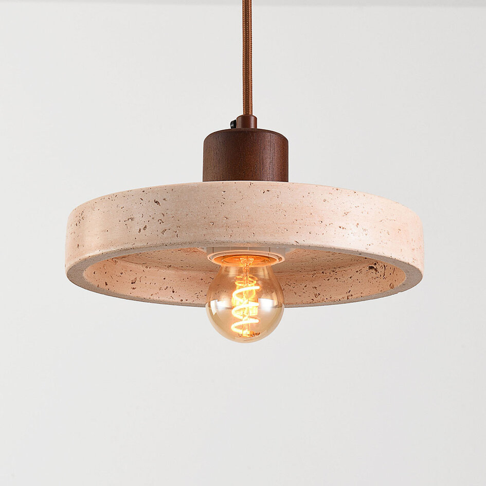 Japandi hanglamp Salvi 2-lichts van travertin (natuursteen) en hout