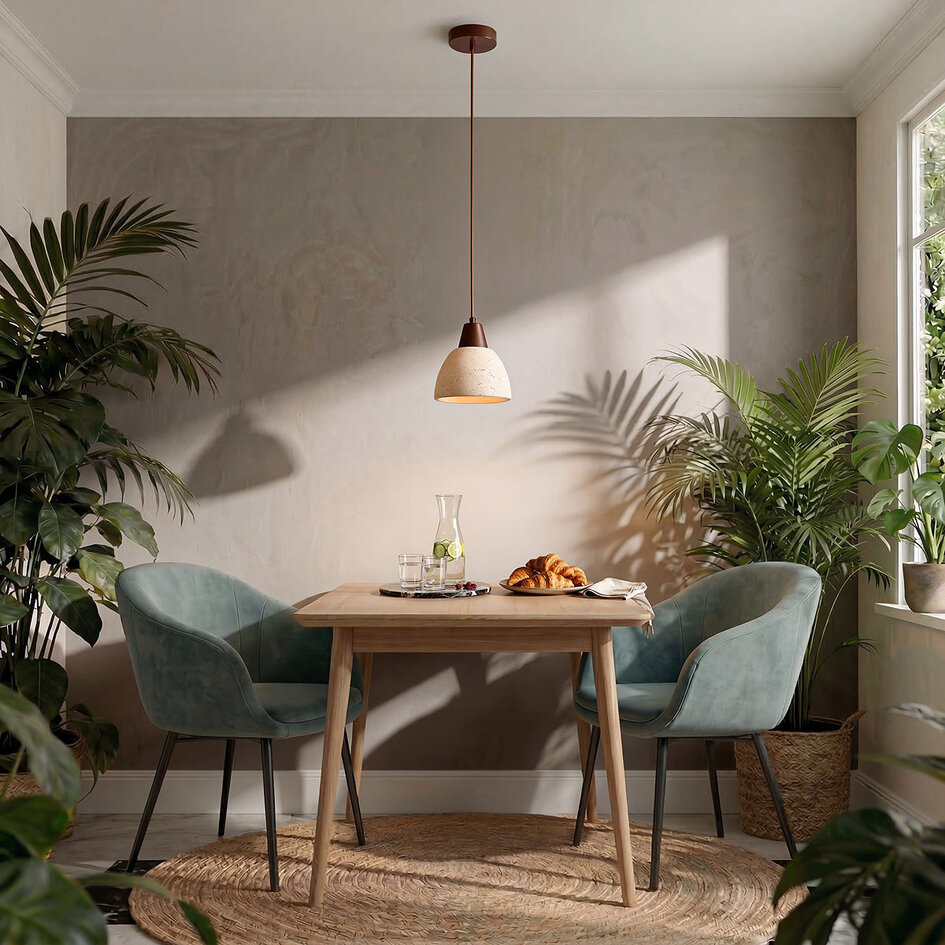 Japandi hanglamp Marena van travertin (natuursteen) en hout