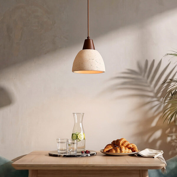 Japandi hanglamp Marena van travertin (natuursteen) en hout