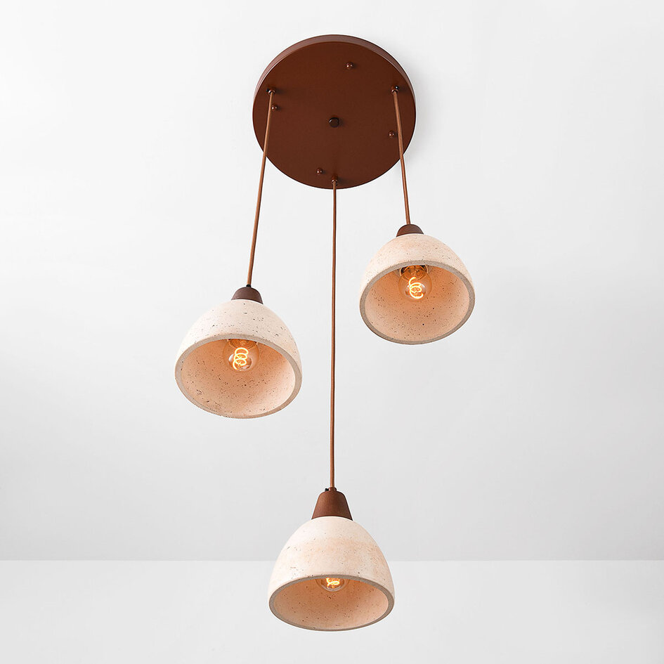 3-lichts japandi hanglamp Marena van travertin (natuursteen) en hout