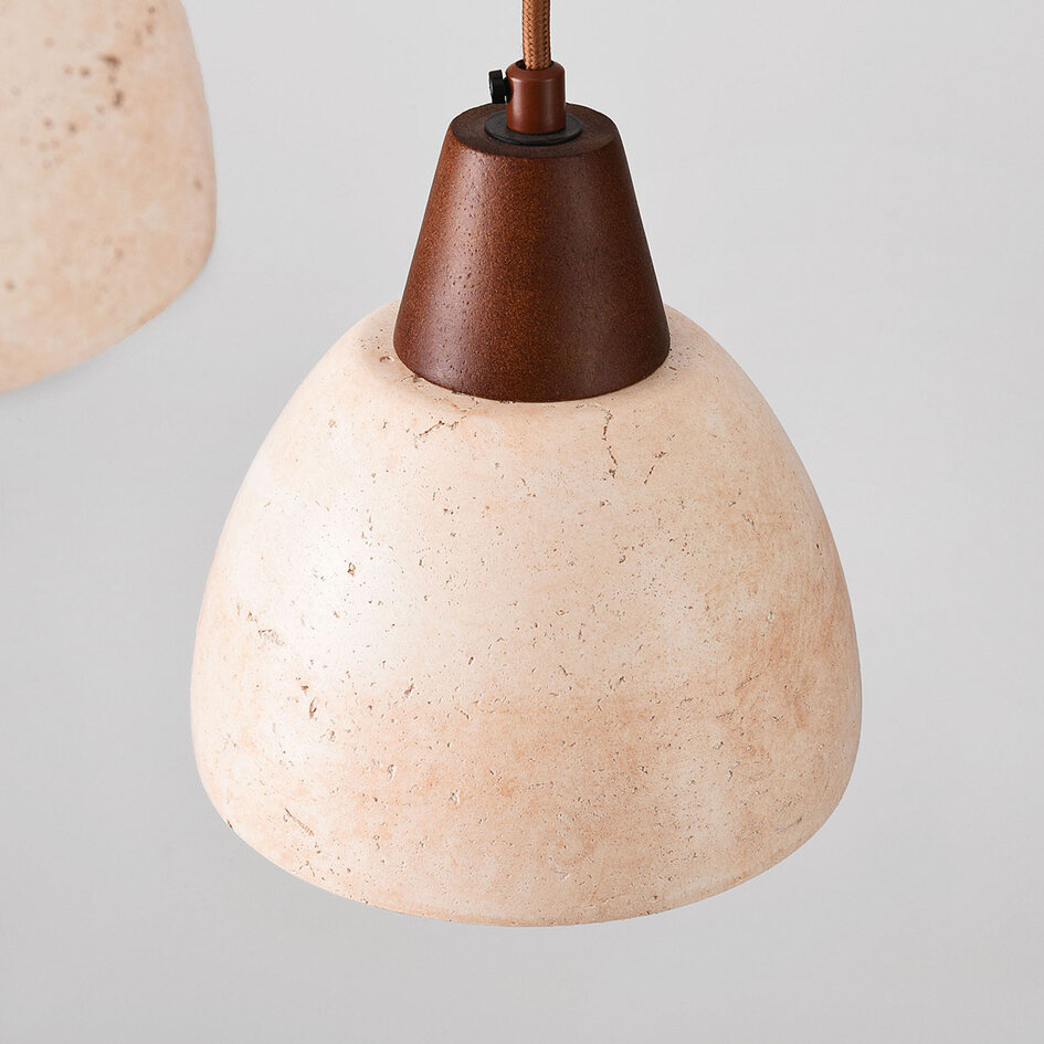 3-lichts japandi hanglamp Marena van travertin (natuursteen) en hout