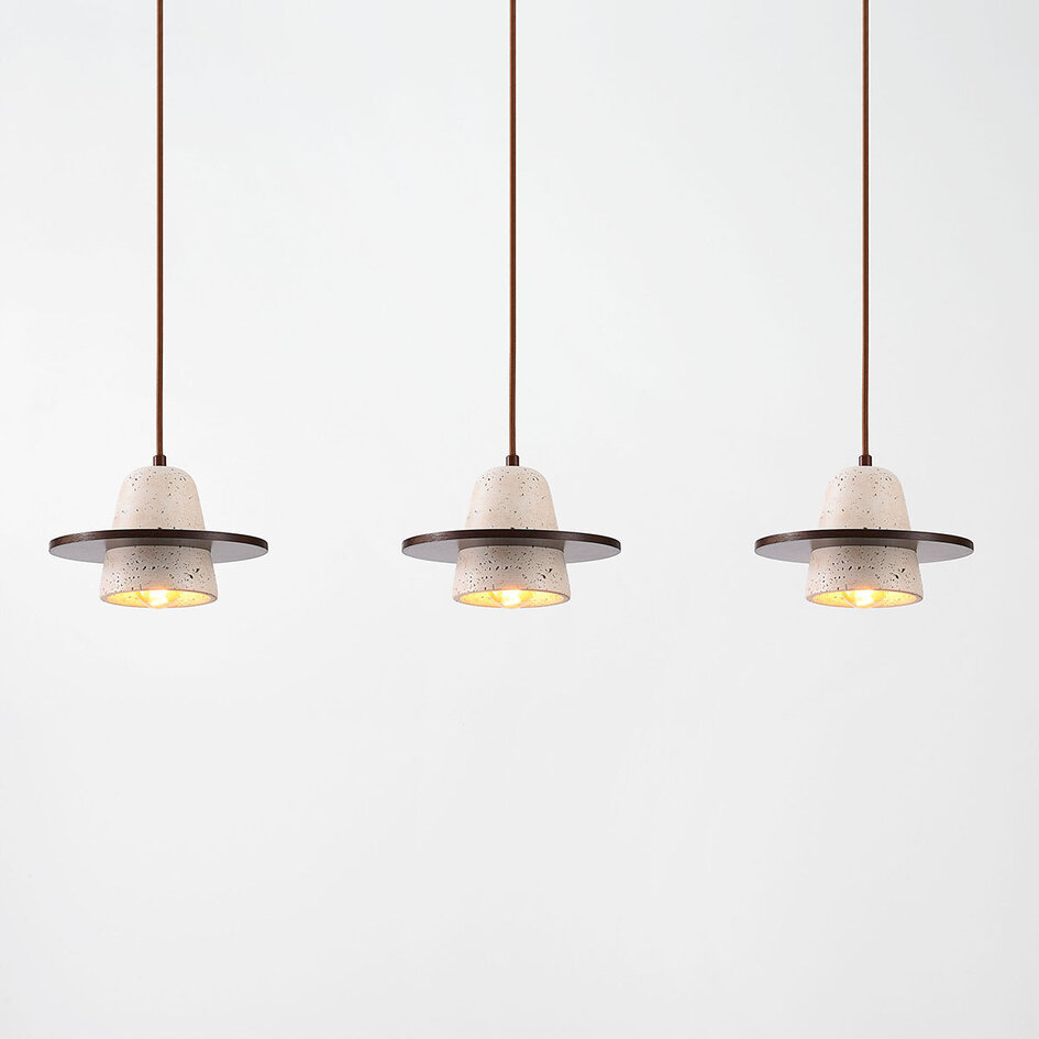 3-lichts Japandi hanglamp Caelio van travertin (natuursteen) met houten details