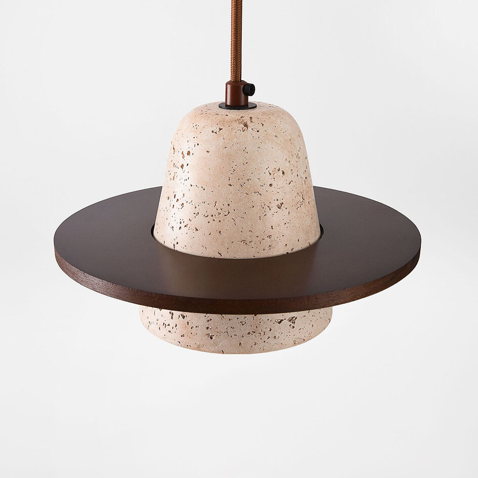 3-lichts Japandi hanglamp Caelio van travertin (natuursteen) met houten details