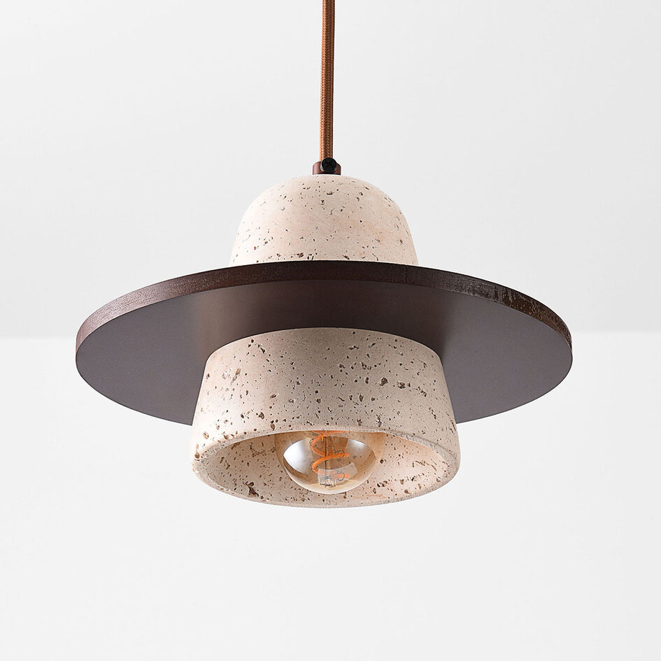 3-lichts Japandi hanglamp Caelio van travertin (natuursteen) met houten details