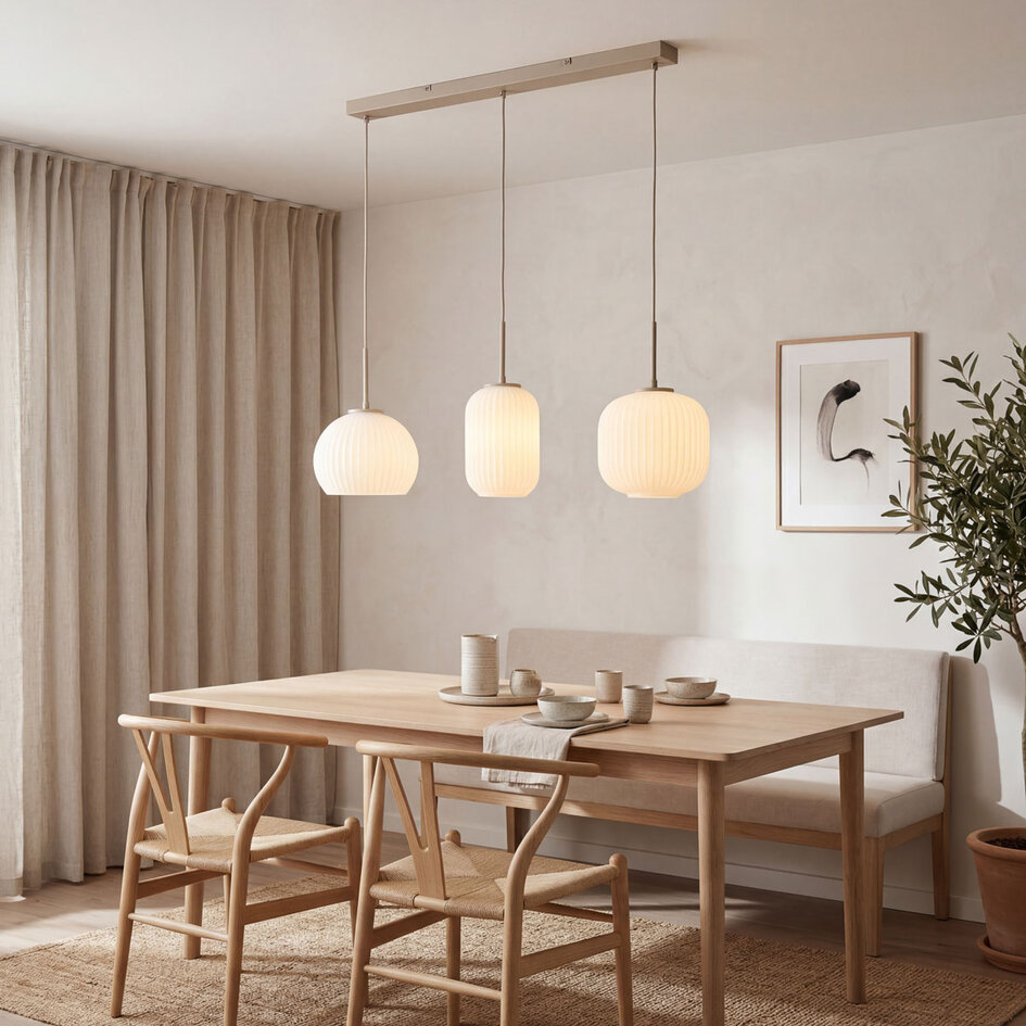 Hanglamp Meliora beige met 3 geribbelde glazen kappen