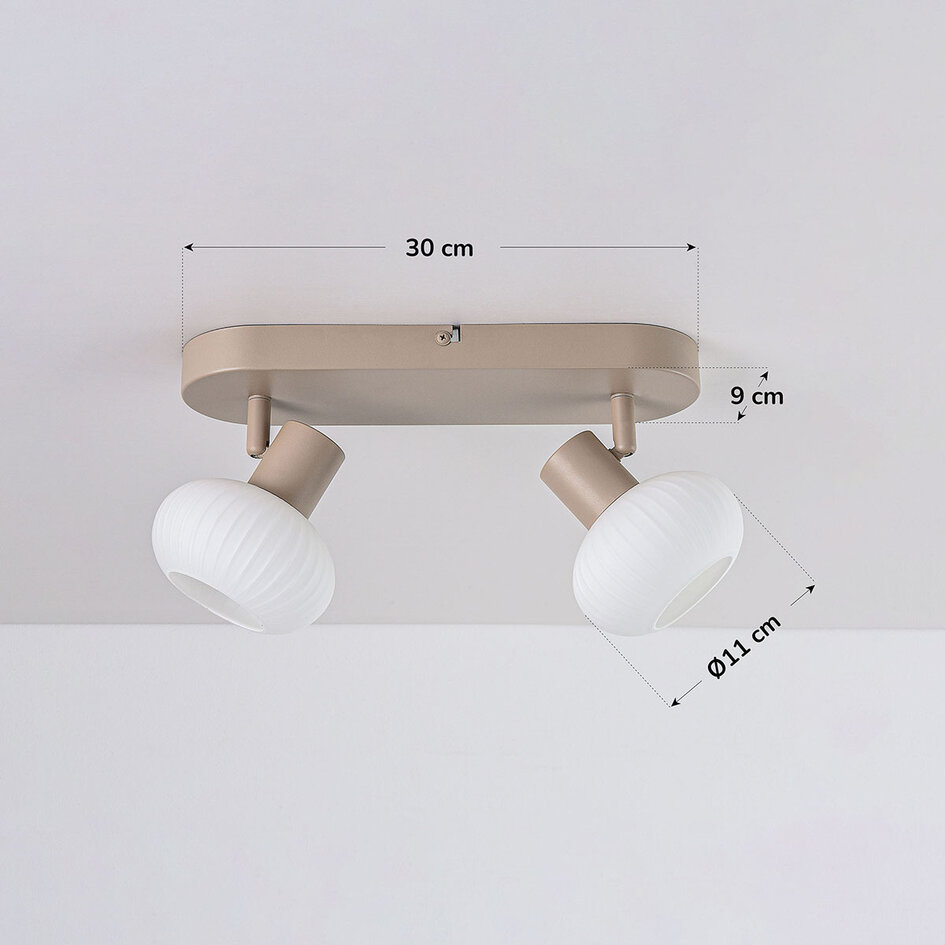 Beige plafondlamp Odelle met 2 verstelbare kappen van geribbeld glas