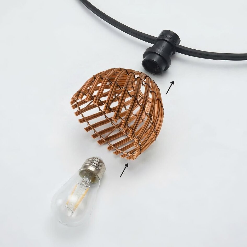 Prikkabel set inclusief kappen in donkere houtkleur met rotanlook, verkrijgbaar met verschillende LED lampen