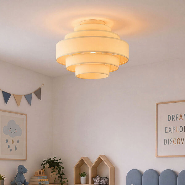 Plafondlamp Mavro zacht geel met gelaagde stoffen kap