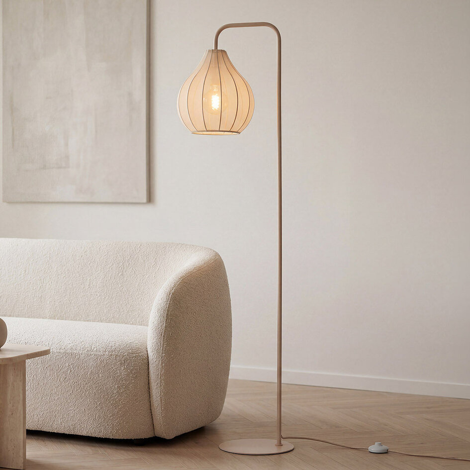 Staande booglamp Siena van stof - warm zandbeige