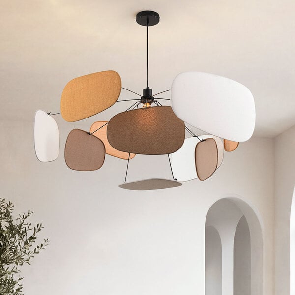Stoffen hanglamp Zandor in taupe, oker, wit en lichtgrijs