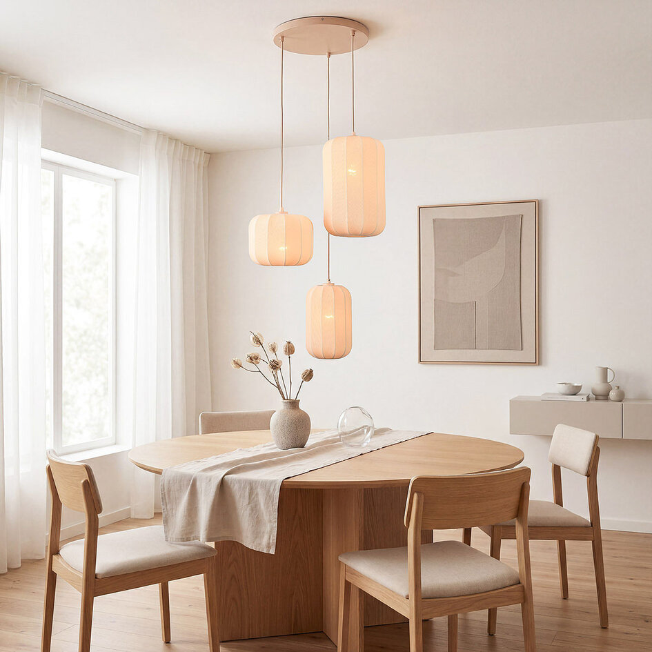 Japandi hanglamp Morra 3-lichts van stof