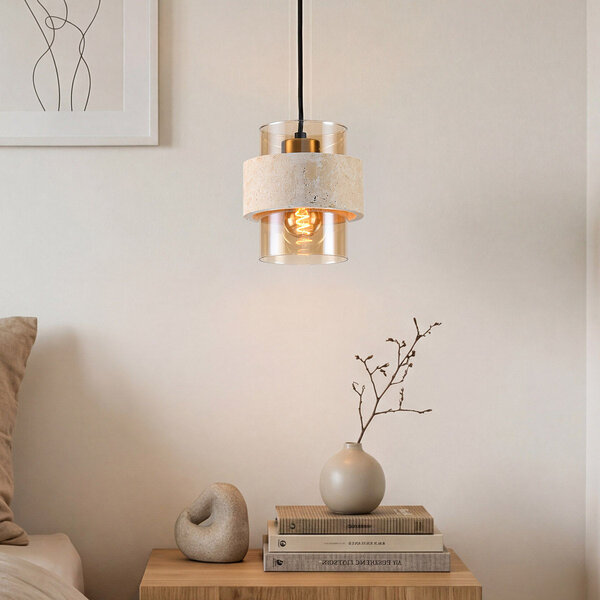 Hanglamp Yuki met travertin (natuursteen) en amber glas