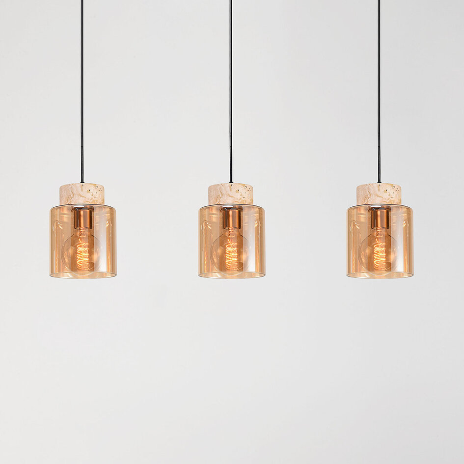 Hanglamp Naki 3-lichts met travertin (natuursteen) en amber glas