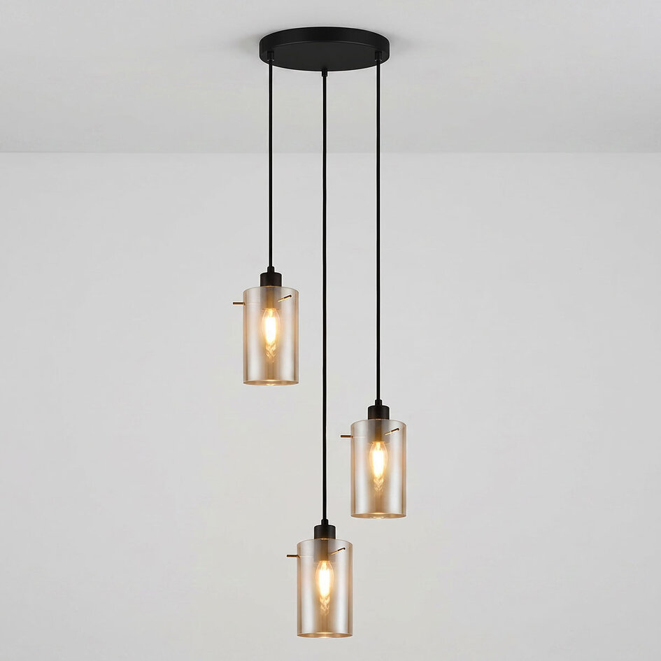 Moderne mat zwarte hanglamp met smoke grijs glas 3-lichts  - Akron