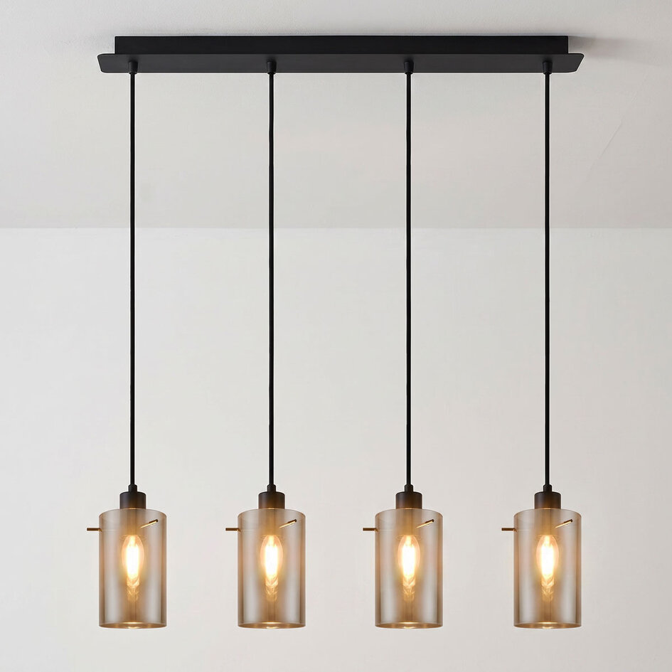 4-lichts hanglamp Worth - mat zwart en smoke glas