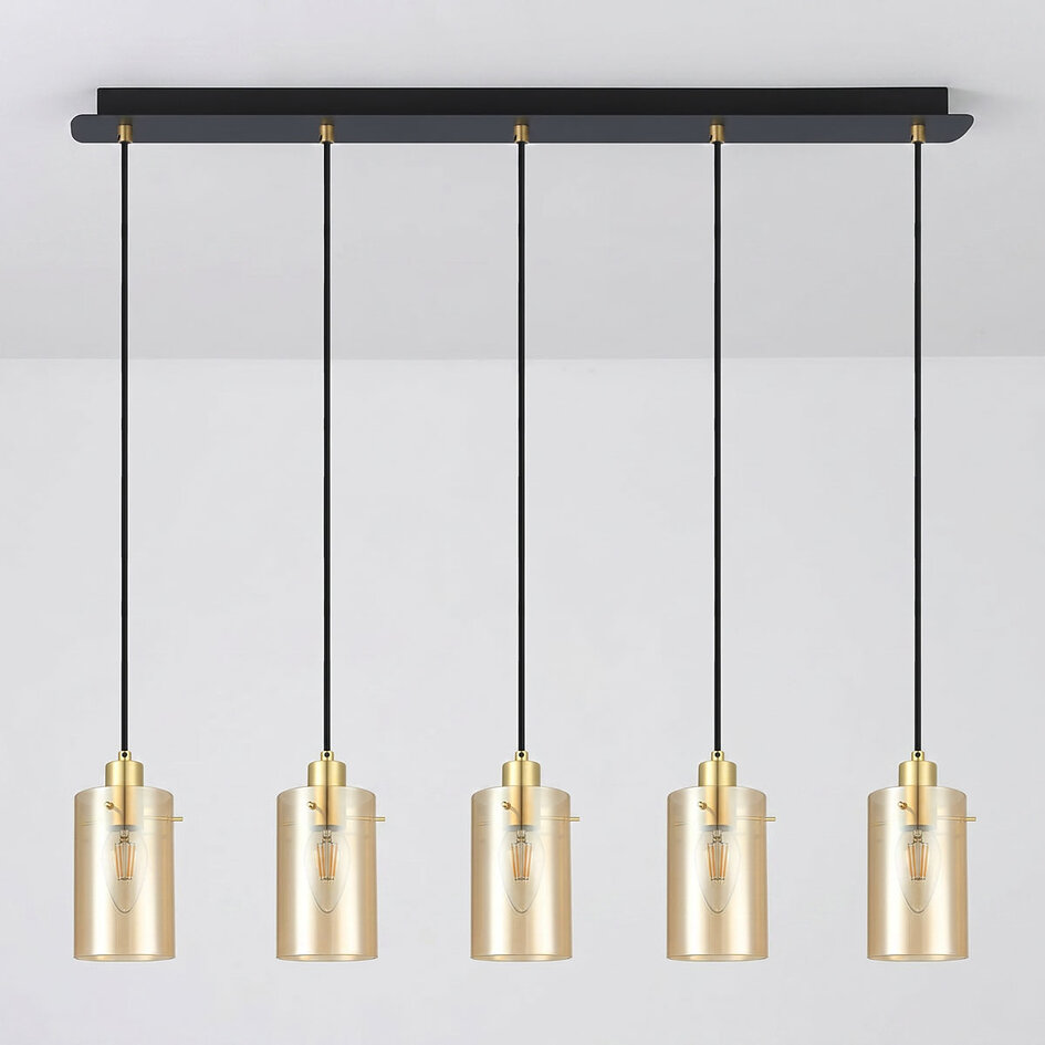 5-lichts hanglamp Seattle - mat zwart, zand goud en amber