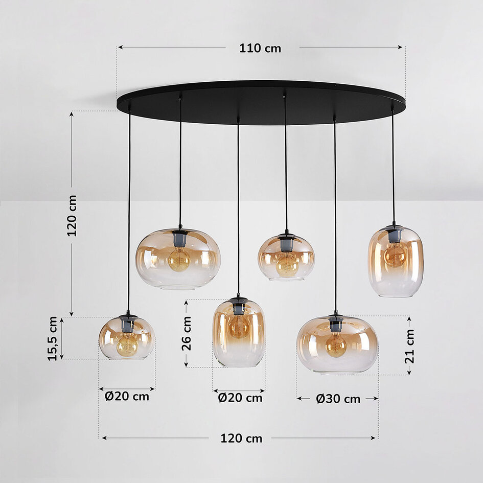 6-lichts hanglamp Opale met amber ombre glas