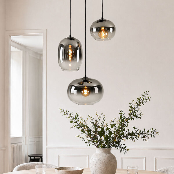 3-lichts hanglamp Olare met smoke ombre glas