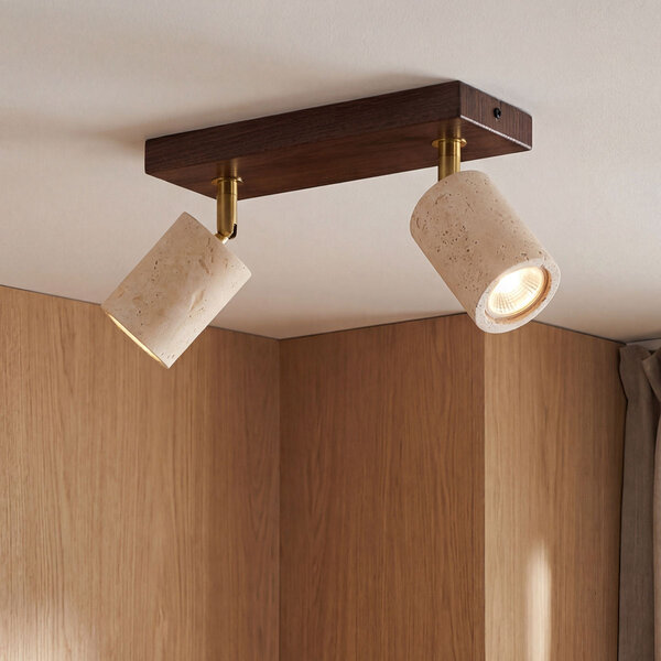 Plafondlamp Orven met 2 draaibare spots van travertin (natuursteen) en houtlook