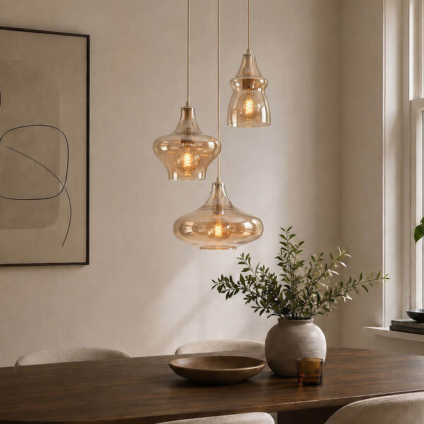 3-lichts hanglamp Trinidad met amber glas - beige
