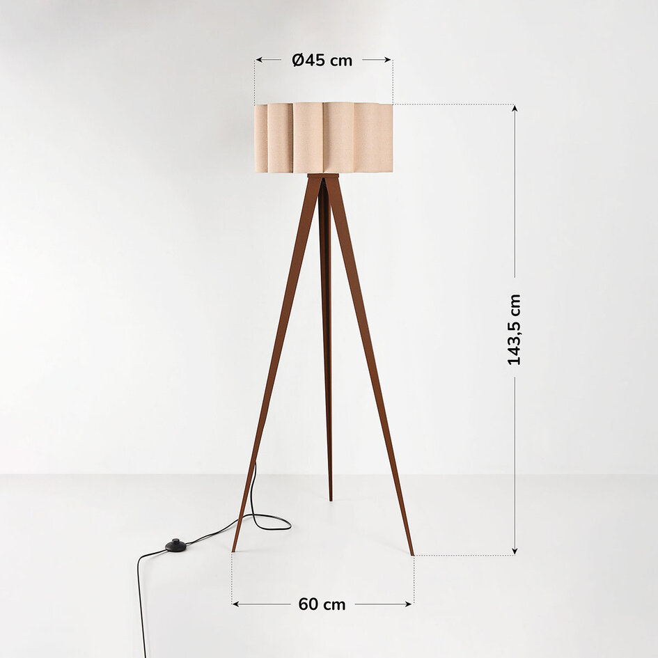 Vloerlamp Florien met geplooide linnen kap en metalen driepoot - bruin