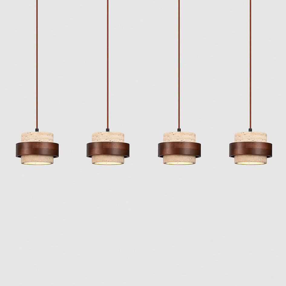 4-lichts hanglamp Travé van travertin (natuursteen) en hout