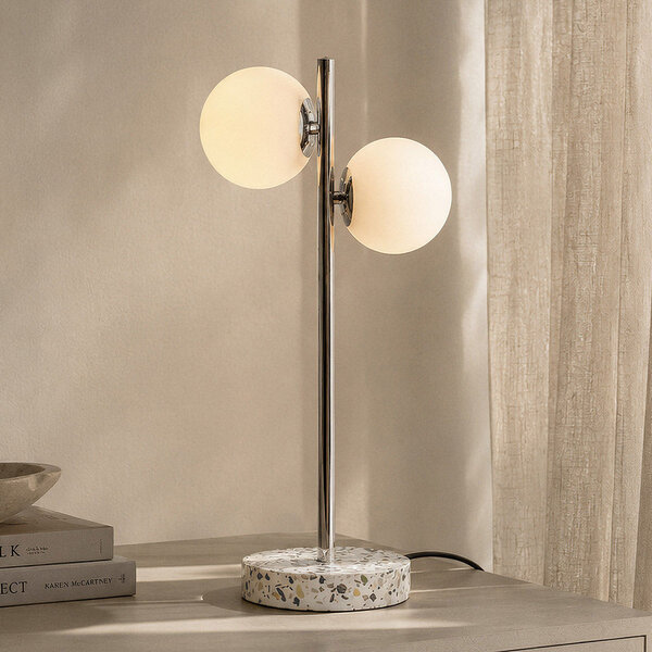 2-lichts tafellamp Pallon met melkwit glas - marmerlook