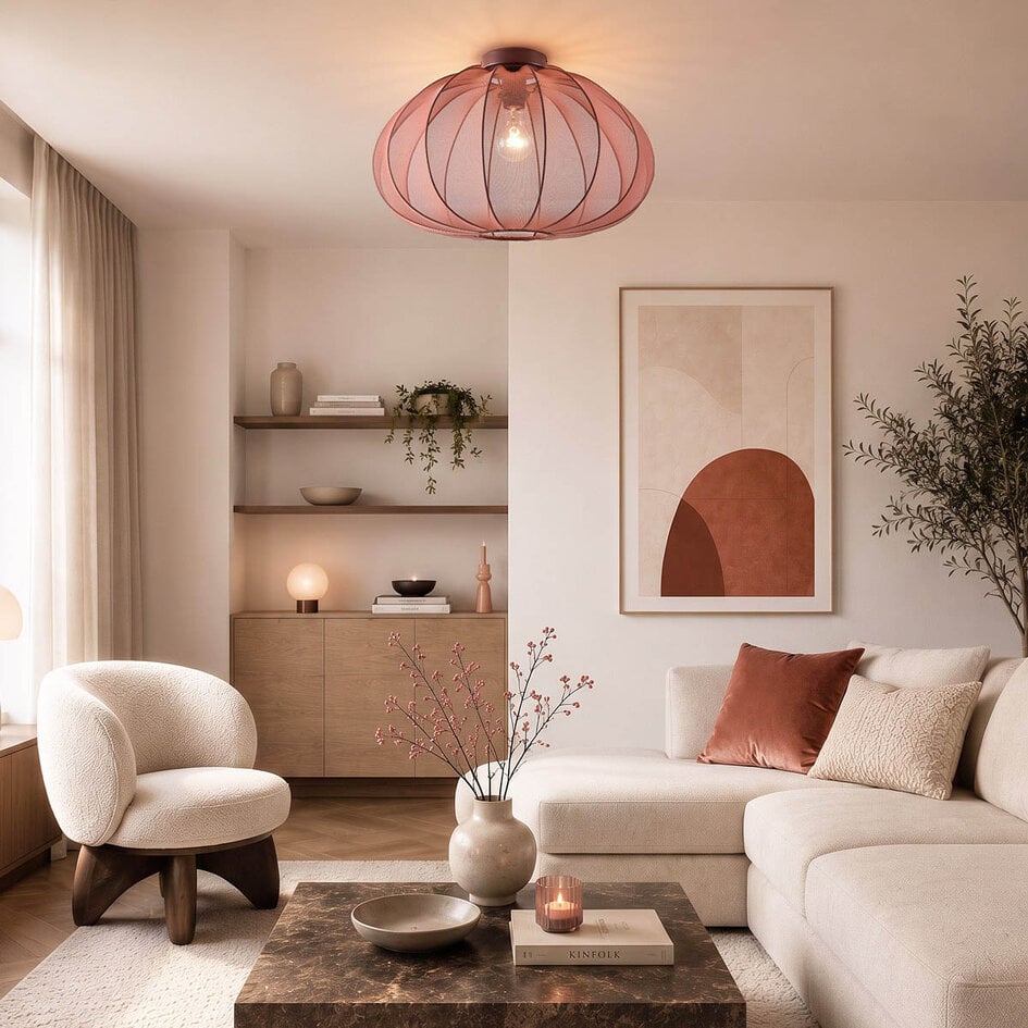 Plafondlamp Ecruva met terra roze stoffen kap