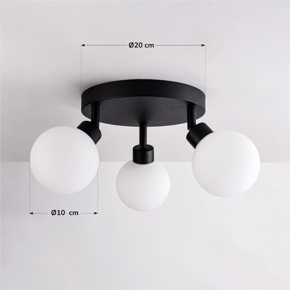 Plafondlamp Zano met 3 draaibare lichtpunten - zwart met melkwit glas