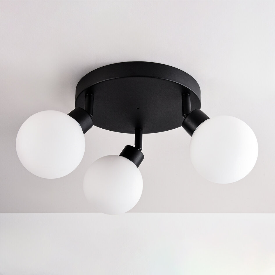 Plafondlamp Zano met 3 draaibare lichtpunten - zwart met melkwit glas