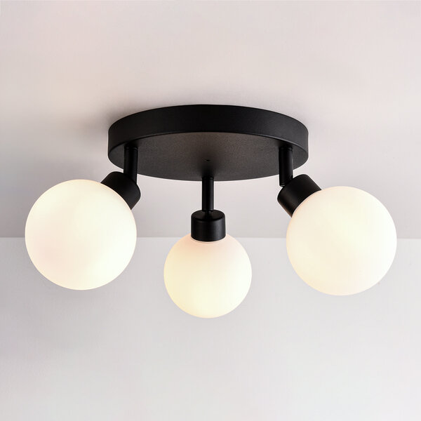 Plafondlamp Zano met 3 draaibare lichtpunten - zwart met melkwit glas