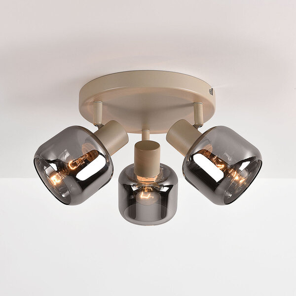 3-lichts draaibare plafondlamp zandbeige met smoke glas en spiegeleffect - Klarina