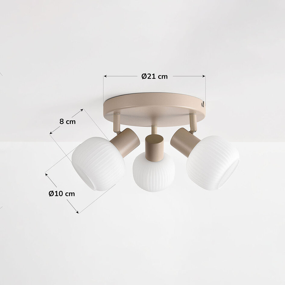 Plafondlamp Natasja met 3 draaibare geribbelde melkwitte glazen bollen - zandbeige