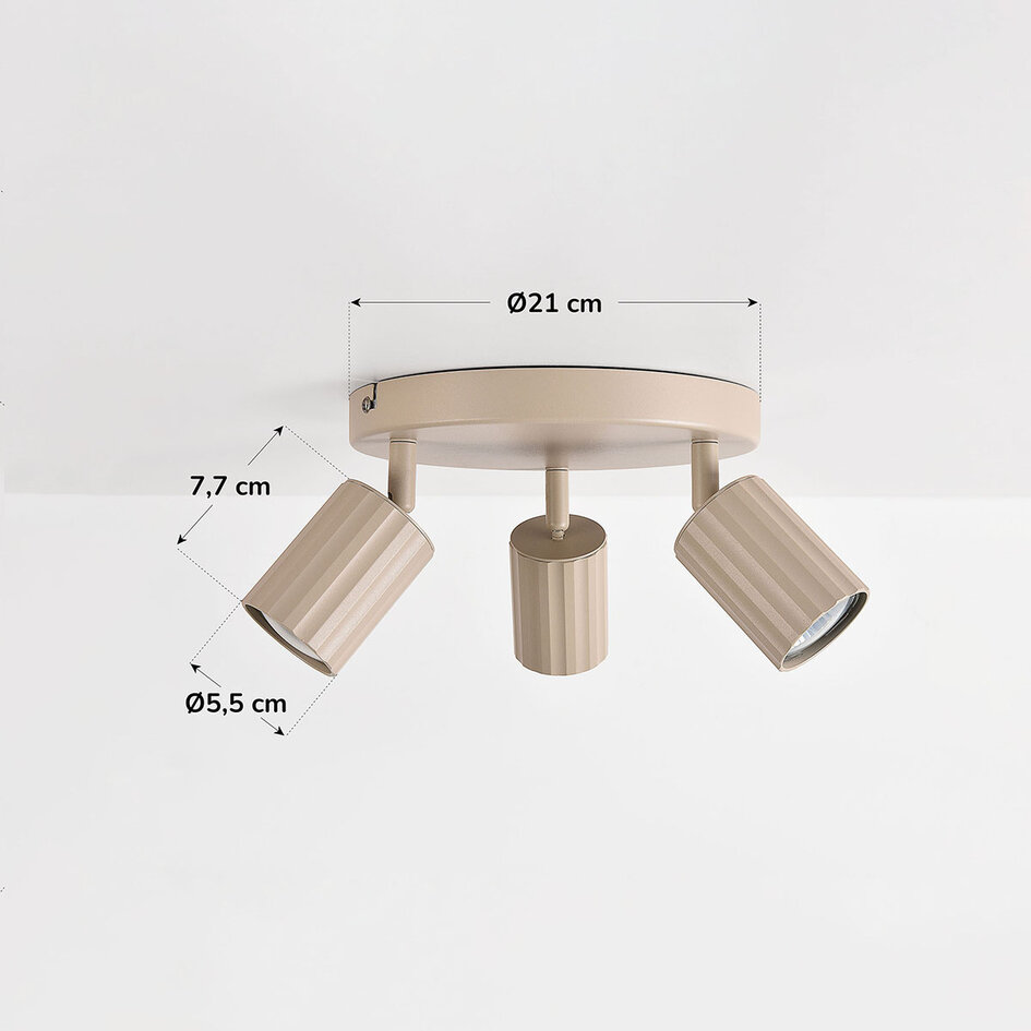 3-lichts draaibare plafondlamp Bruna met geribbelde spots - beige