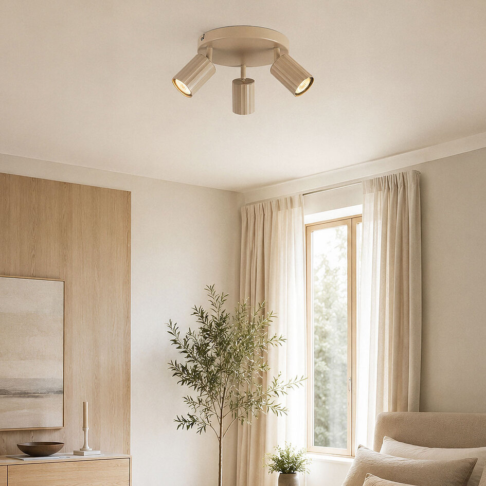 3-lichts draaibare plafondlamp Bruna met geribbelde spots - beige