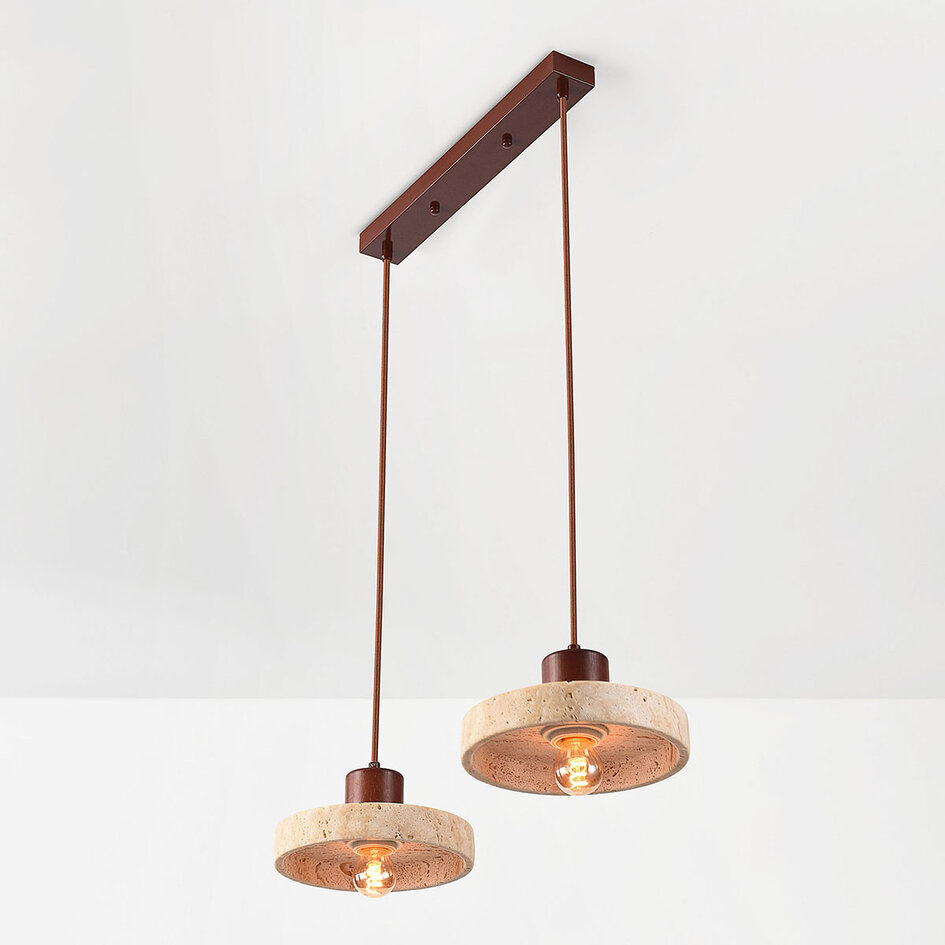 Japandi  hanglamp Florinda met travertin (natuursteen) en hout, 2-lichts