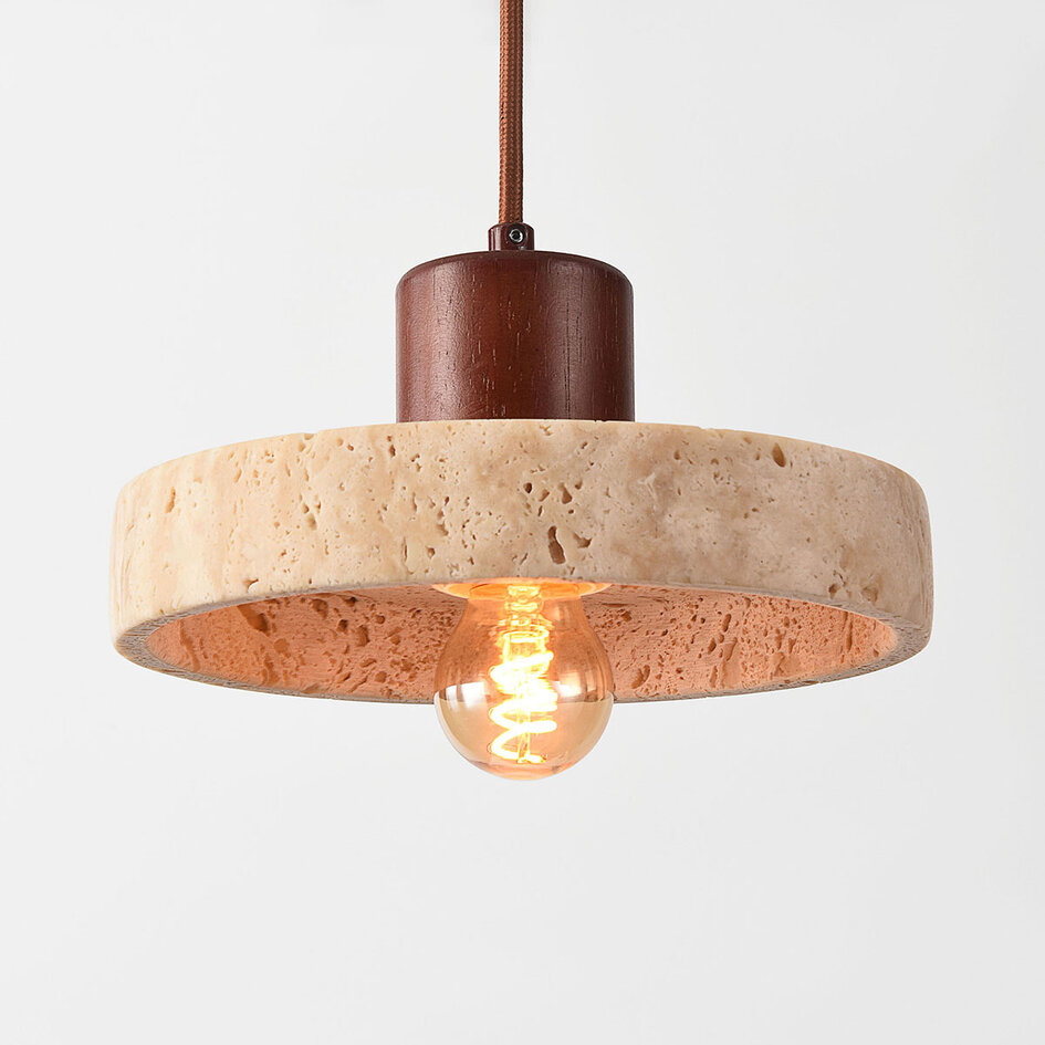 Japandi  hanglamp Florinda met travertin (natuursteen) en hout, 2-lichts