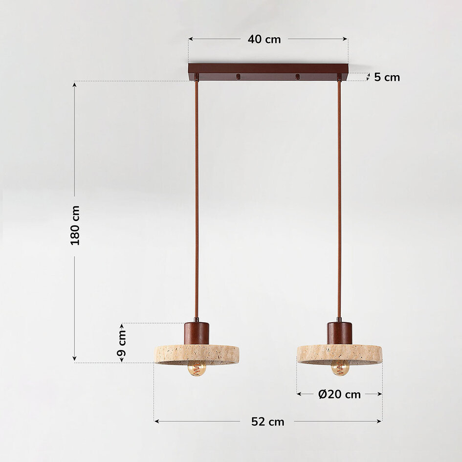 Japandi  hanglamp Florinda met travertin (natuursteen) en hout, 2-lichts