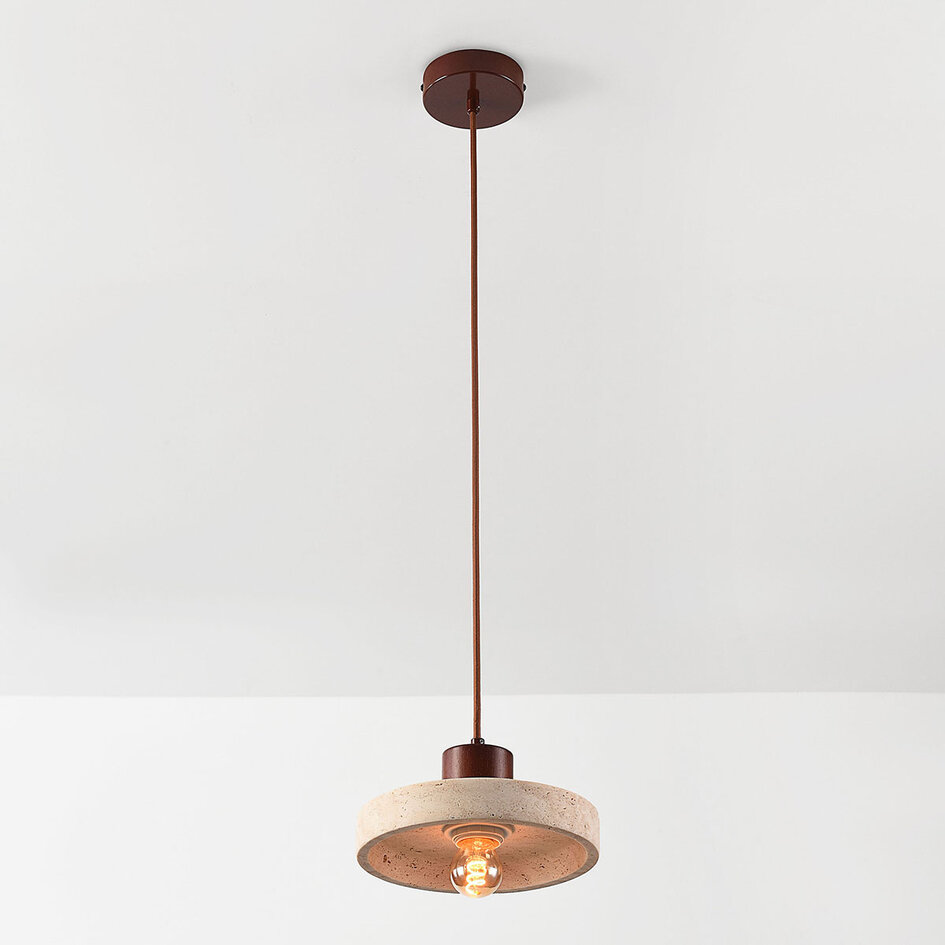Japandi  hanglamp Flory met travertin (natuursteen) en hout