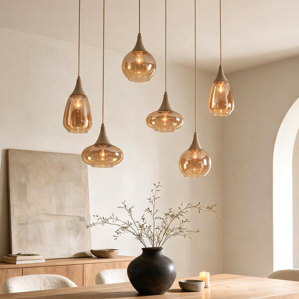 6-lichts hanglamp Loic met amber glas - zandbeige