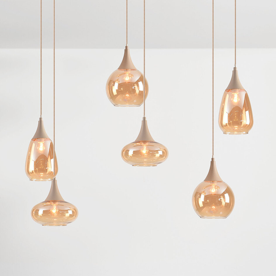 6-lichts hanglamp Loic met amber glas - zandbeige