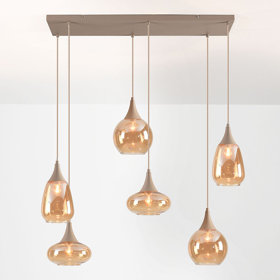 6-lichts hanglamp Loic met amber glas - zandbeige
