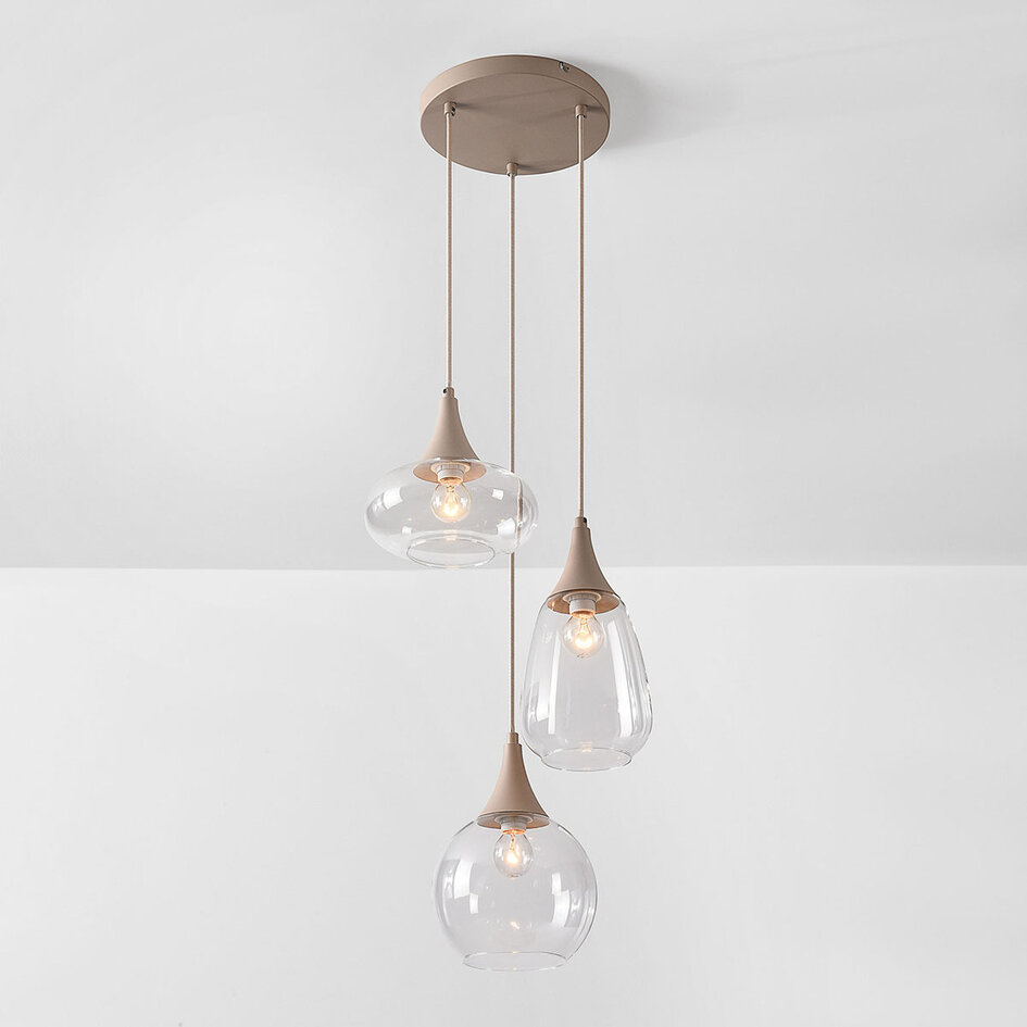 3-lichts hanglamp Loua met transparant glas - zandbeige