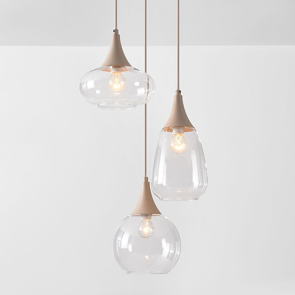 3-lichts hanglamp Loua met transparant glas - zandbeige