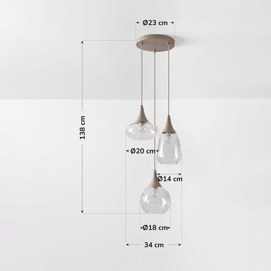 3-lichts hanglamp Loua met transparant glas - zandbeige